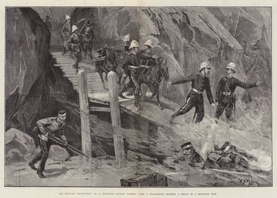 The Military Tournament, No 10 Mountain Battery passing over a Spar-Bridge crossing a Break in a Mountain Pass by William Barnes Wollen